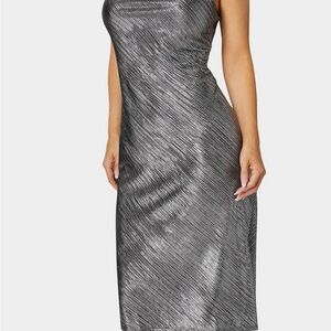 Bebe Silver Sheath Cocktail Dress Sleeveless cowl neck